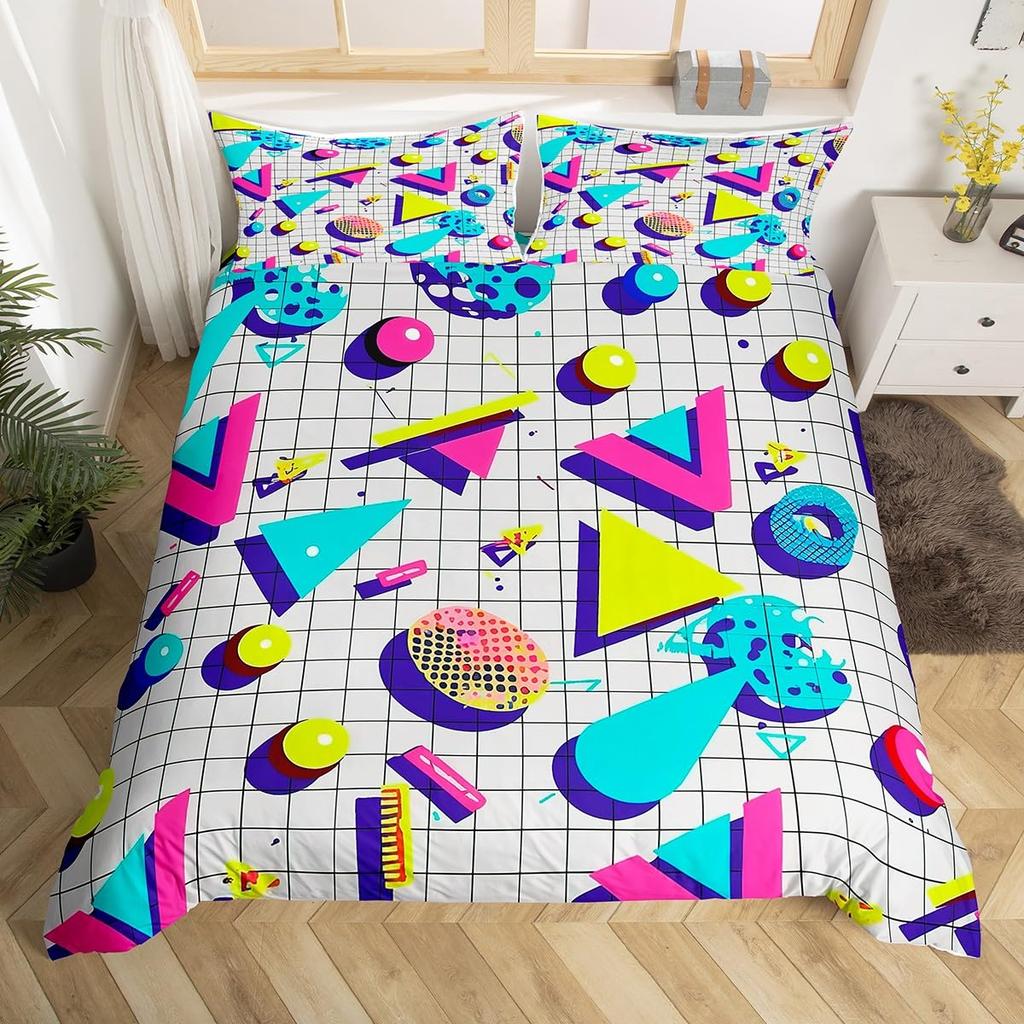 Memphis Geometric Duvet Cover Twin KingRetro Style Round Triangle Shapes Quilt Cover Colorful Graphic 80s 90S Style Bedding Set