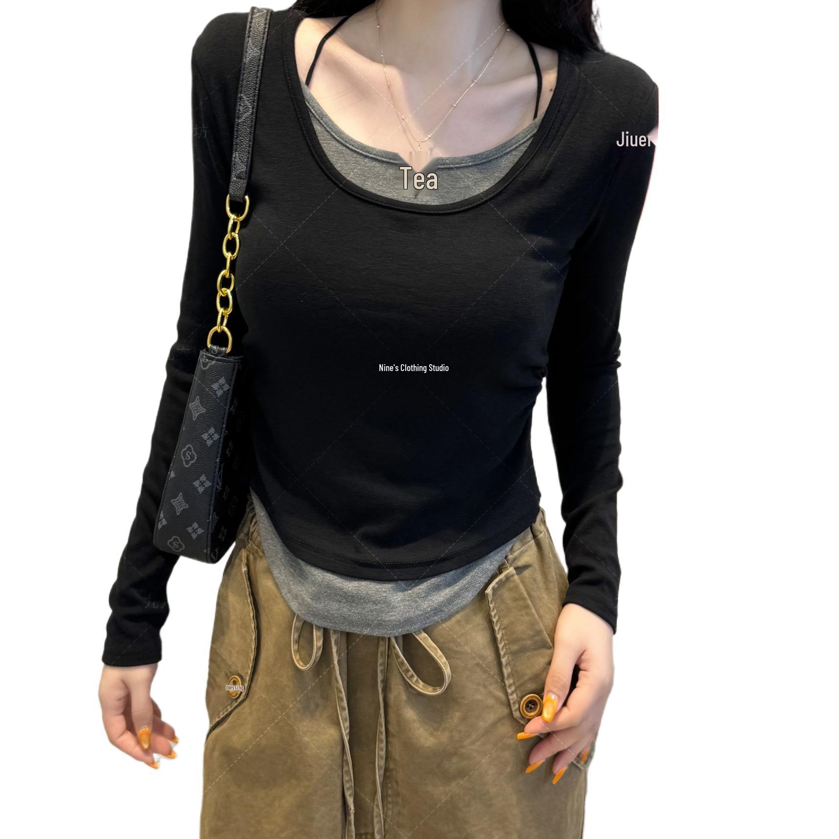 2025 Women s Versatile Autumn Color Block Layered Long Sleeve Crew Neck Top S (37-48 kg)