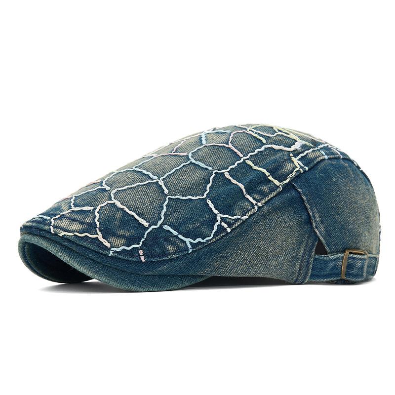 Spring Summer Newsboy Hat Women Sequins Embroidered Flower Beret Denim Retro Progressive Hat