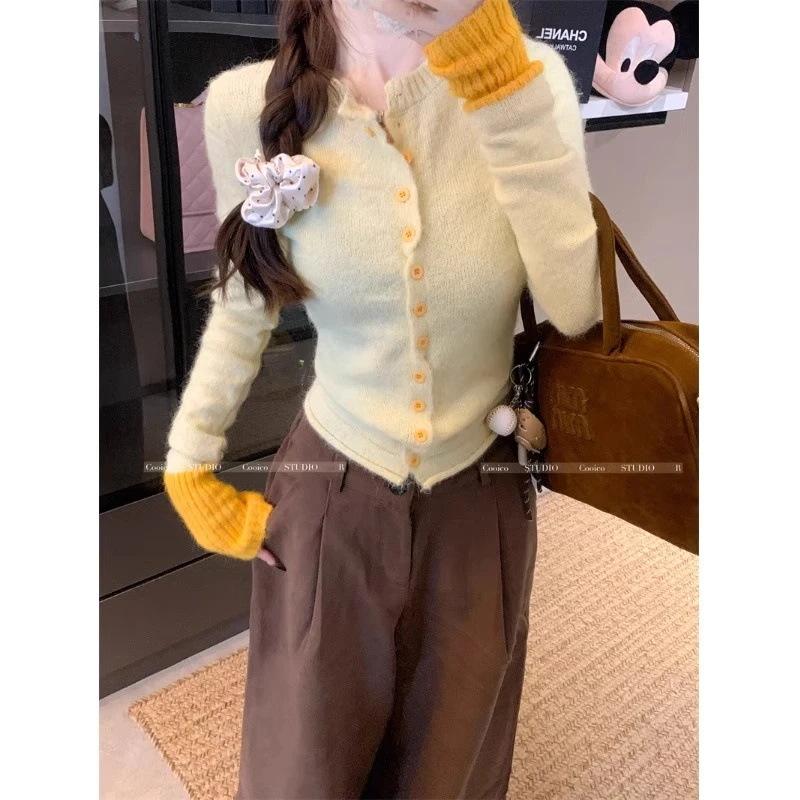 

Весенний дизайн однобортный вязаный базовый кардиган свитер женский ретро универсальный топ L