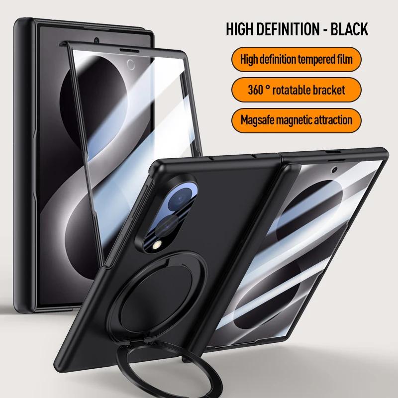 Für Samsung Galaxy Z Fold 8 Federgelenk Faltbare Hülle mit Magnetischem Ring Metallhalter Gehärtete Glasfolie Vollschutzhülle