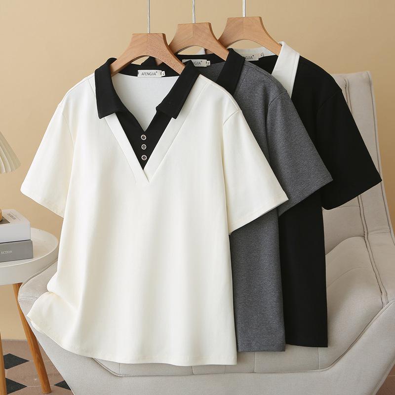 

B1 Plus Size V-Neck Short Sleeve Two-Piece Top for Women - 2026 Summer Collection 4XL (suggested 180-200 jin) чёрный