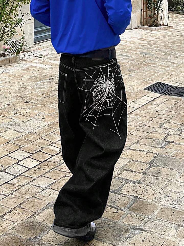 Trendy Brand Spider Web Embroidery Loose Straight Jeans Men's Personality Street Jeans Cotton