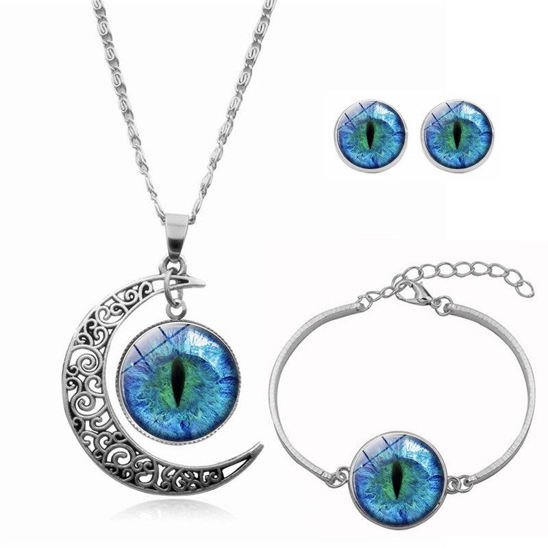 Cat Eye Dinosaur Eye Time Gemstone Necklace Bracelet Earrings Three Piece Set Fashion Jewelry Kit