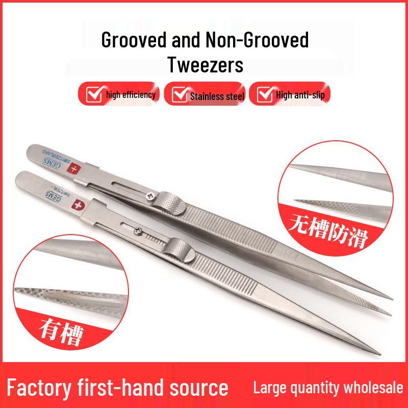 Stainless Steel Non-slip Fine Pointed Jewelry Tweezers with Locking Grooved Clip Tool