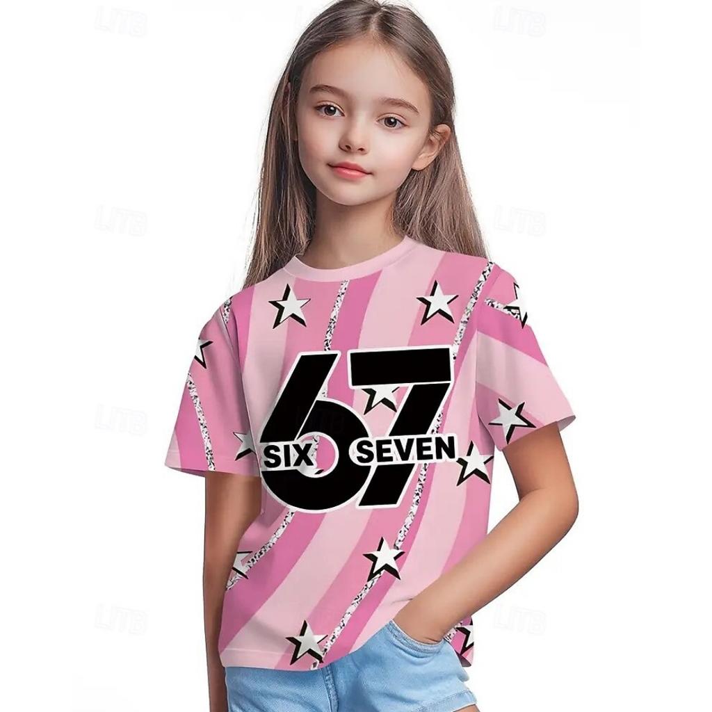 Fashion Girls Dreamy Cute 67 SIX SEVEN Print Kids T-Shirt Gradient 3D Digital Short Sleeve Tees Top Summer Casual Everyday Girl Clothing