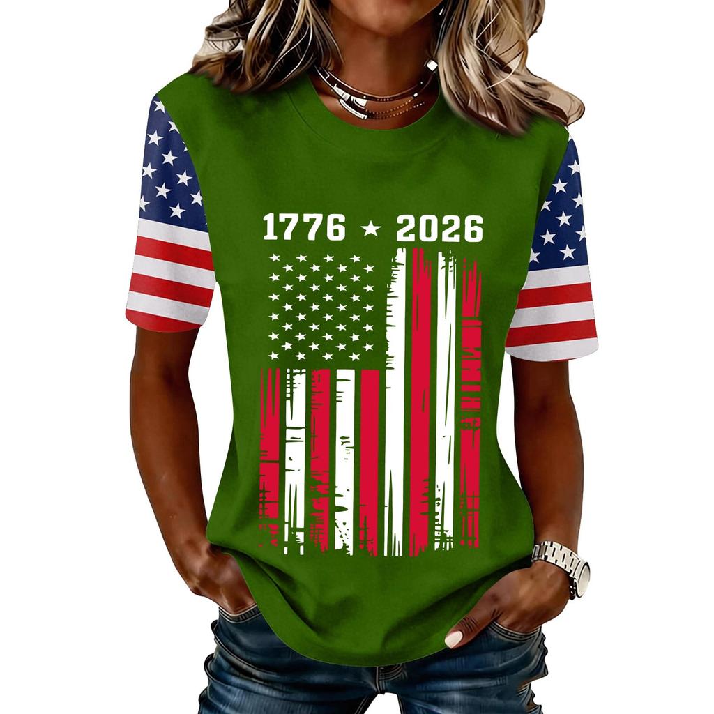 Women’s Short Sleeve Crew Neck T Shirt with 1776 2026 Print and Distressed Flag Graphic Casual Top