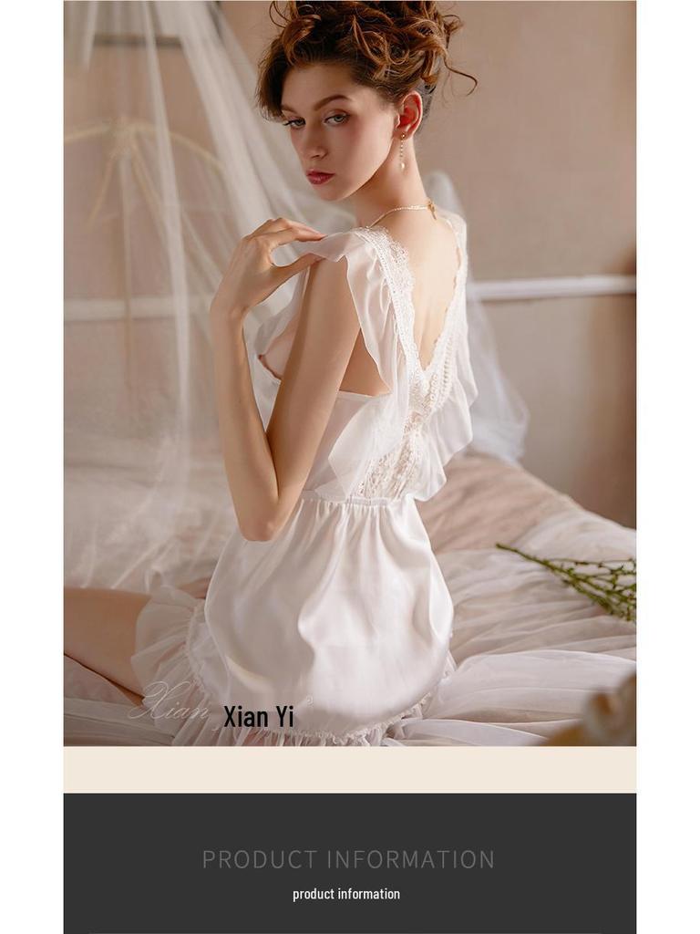 Xianyi Koronkowa Rozpuszczalna w Wodzie Piżama Kwiatowa: Damska seksowna głęboko wycięta koszula nocna na ramiączkach z dekoltem V do noszenia po domu jesienią/zimą.