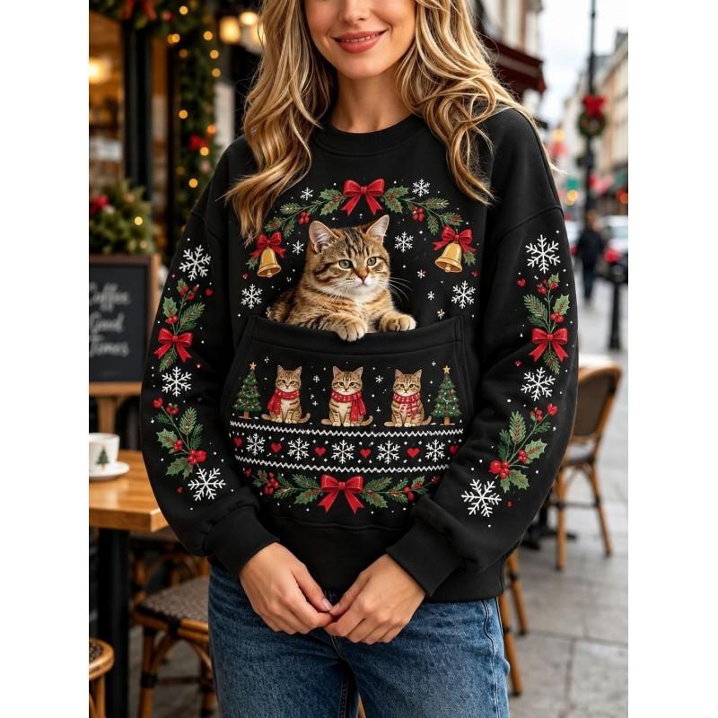 Christmas Cat Pocket Print Sweatshirt Retro Long Sleeve Top Holiday