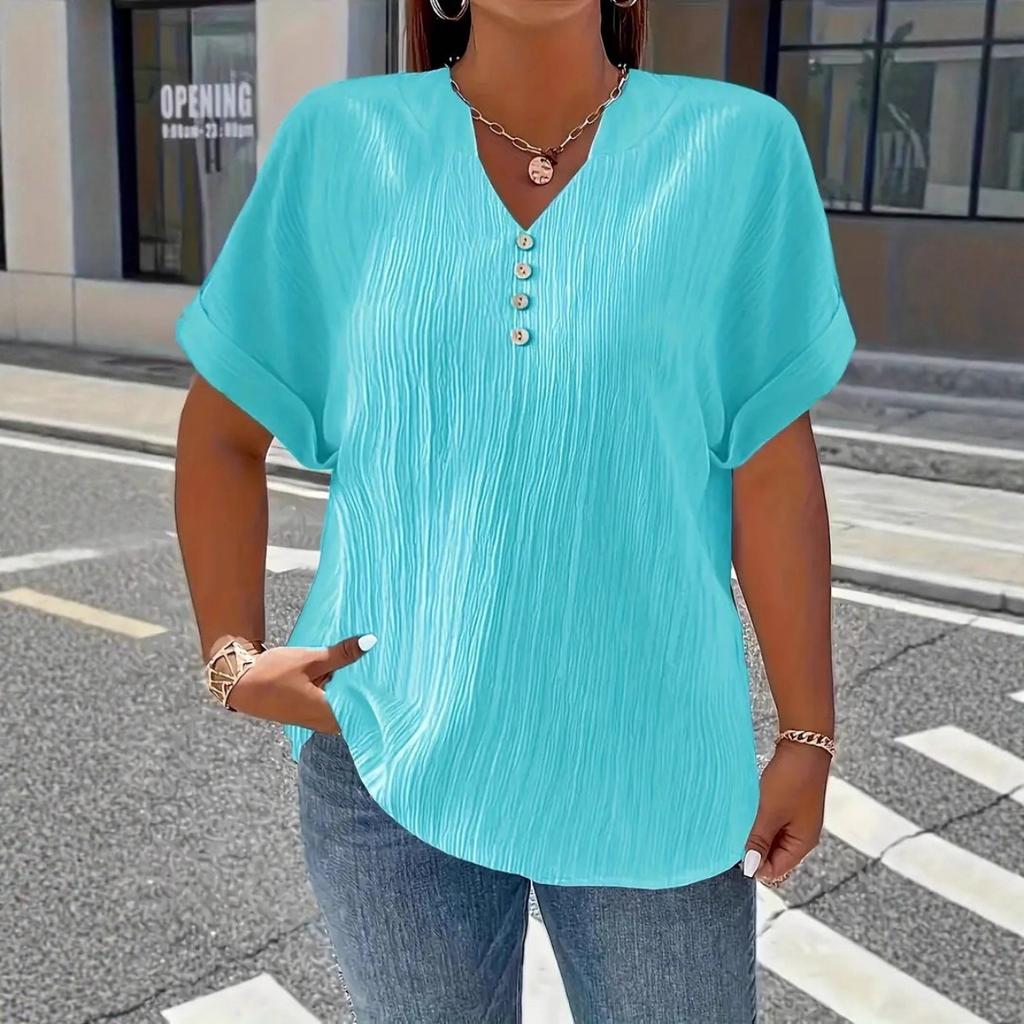 Plus Size Women's New V Neck Solid Color Button Short Sleeve Casual Comfortable Top for European American