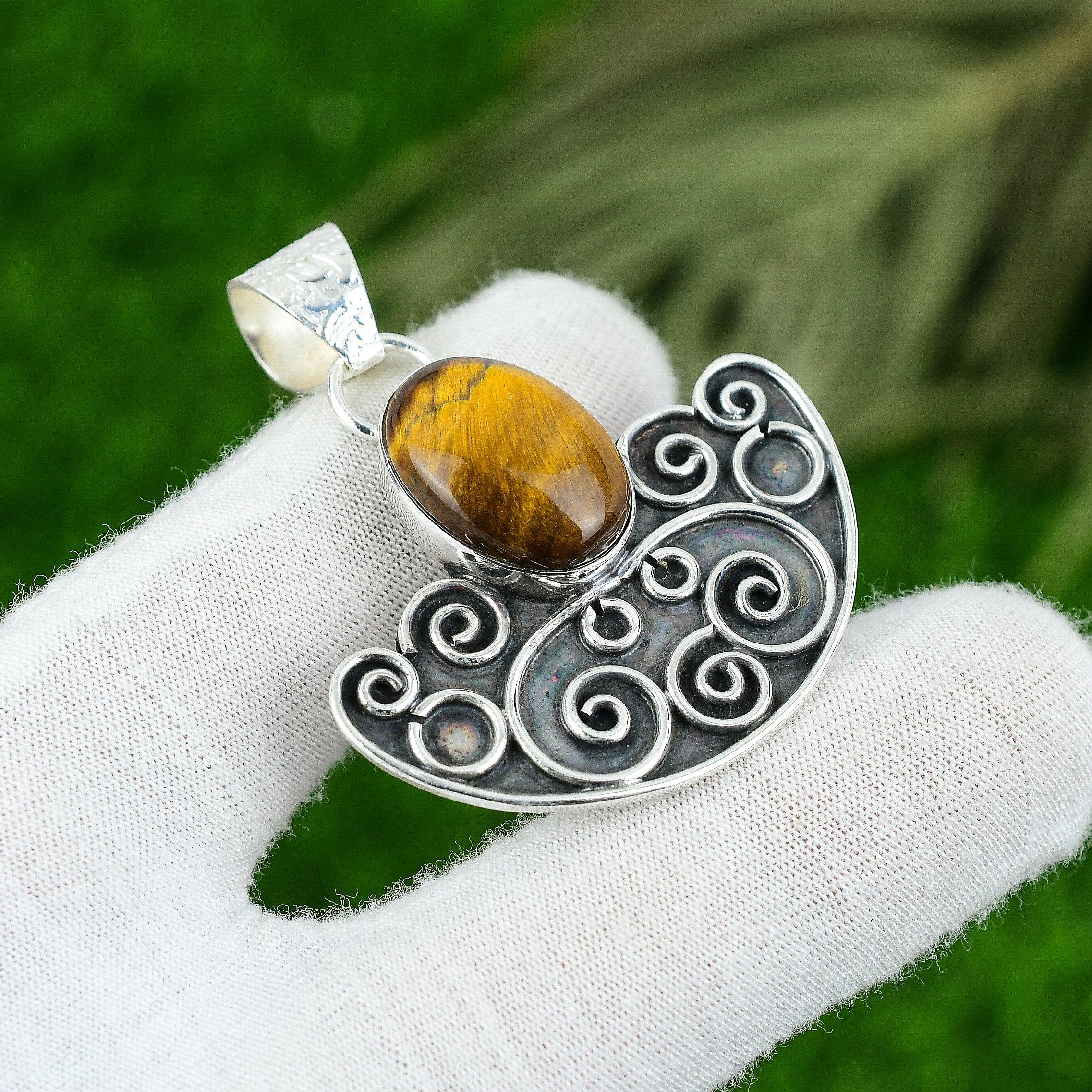 

Tiger Eye Gemstone 925 Sterling Silver Bezel Art Deco Engagement Pendant Jewelry