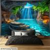 Nature Karst Cave Waterfall Tapestry Sunshine Throught Cave Water Green Leaves Landscape Wall Hanging Backdrop for Home