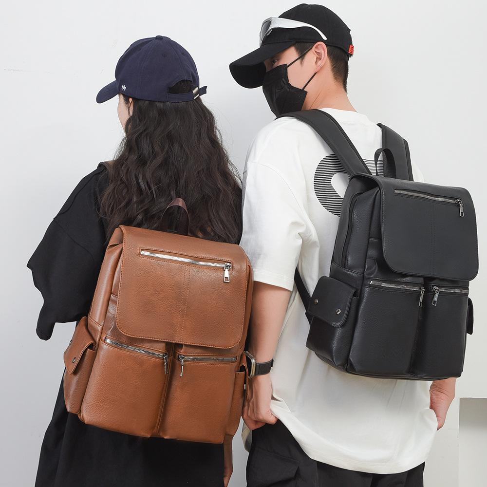 Retro casual backpack large capacity PU soft leather texture student schoolbag trendy cool versatile travel computer bag