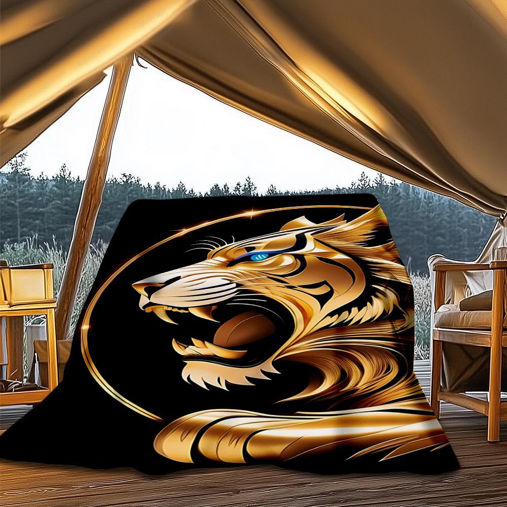 1pc Golden Tiger Head Throw Blanket Polyester Fiber, Lightweight Flannel, Soft & Warm, All Season Use for Outdoor, Camping Digital Print