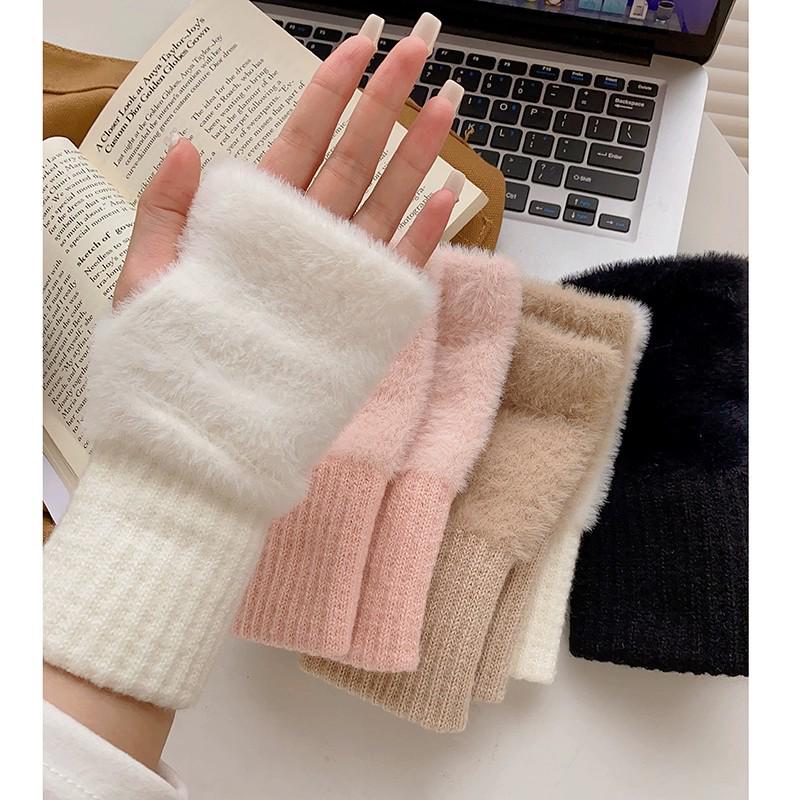 Women's Fluffy White Faux Fur Fingerless Gloves - Winter Warm, Fleece Lined, Long Sleeves