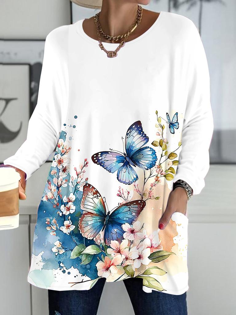 2025 Autumn Winter New Plus Size Women's Tops, Butterfly 3D Print Fashion Crew Neck Long Sleeve T-Shirts