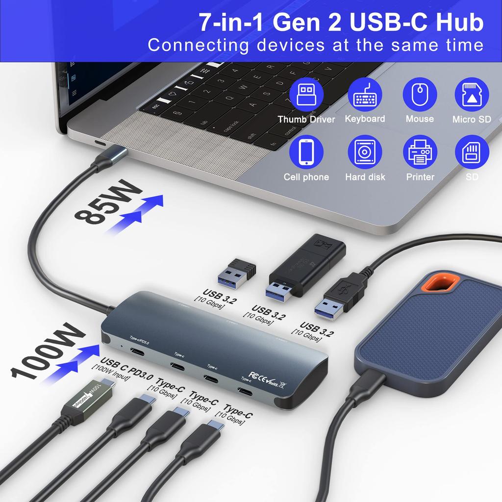 USB C To USB C Hub 10Gbps Gen2 3x 10Gbps 3x USB 10Gbps Ports 100W Power Delivery with 10Gbps Data Gen 2 Hub Adapter for MacBook C Devices 7-in-1 USB-C