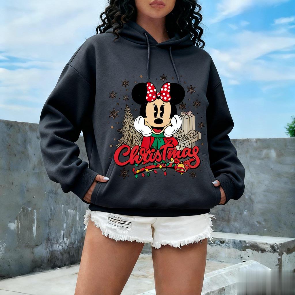 Υπερμεγέθη Vintage Χριστουγεννιάτικη Μπλούζα Φούτερ με Κουκούλα Minnie Mouse για Γυναίκες Άνδρες Αστείο Κινούμενο Σχέδιο με Εκτύπωση Πουλόβερ Μπλούζα Άνοιξη Φθινόπωρο Μόδα Τοπ