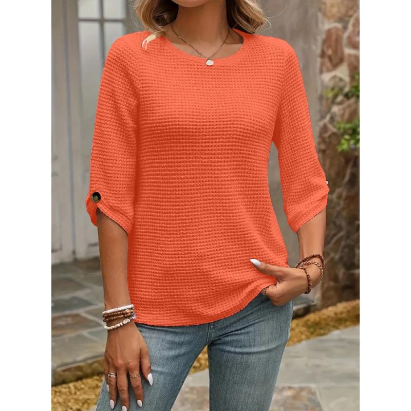 YYFS אופנת נשים מזדמנים קיץ אביב הדפס בצבע אחיד 1/2 שרוולים חולצות וחולצות O-צוואר