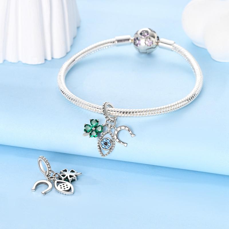Fit Original Bracelet Copper Lucky Clover Blue Eyes Horseshoe Pendant Charms Beads For Women Jewelry Making Gift