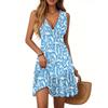 Women's Dress V-neck Sleeveless Casual Floral Print Hem Pleated Dress