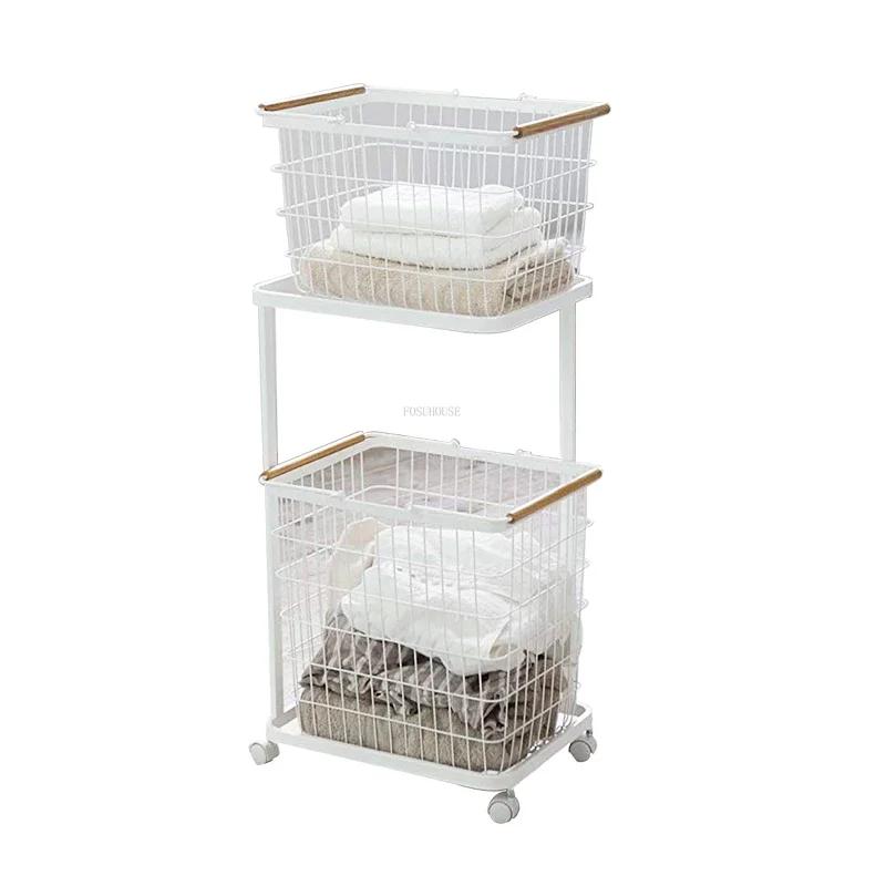 For Laundry Baskets Iron Dirty Clothes Basket with Wheels Change Clothes Basket Household Bathroom Double Layer Storage Shelf