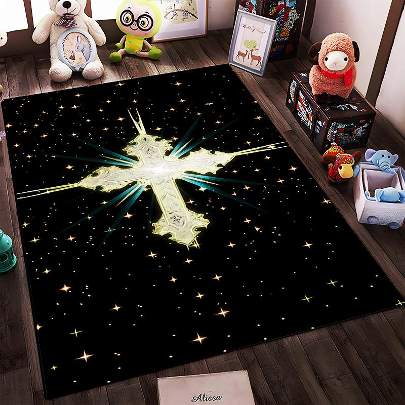 Shiny Cross with Starry Background Rug Non-slip rug suitable for living room and bedroom sofas.