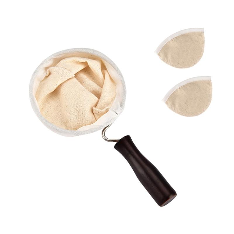 3pcs Washable Cloth Coffee Filter Pouches Coffee Sock Strainer with Wooden Handle Multi Size Brewing Accessories