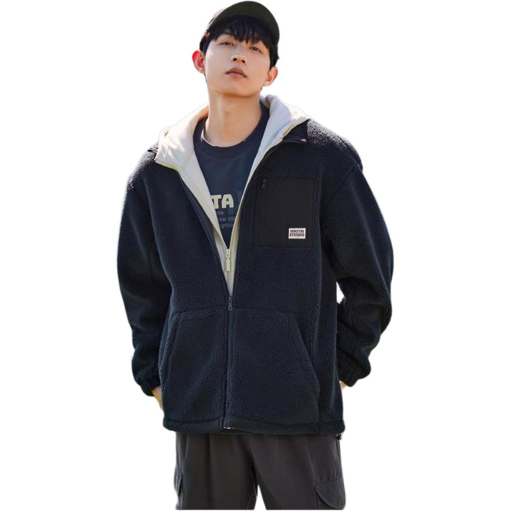 Anta Life Series Fleece-Lined Jacket With Back Letter Print And Zippered Stand Collar Men Jacket Black 952238611-2