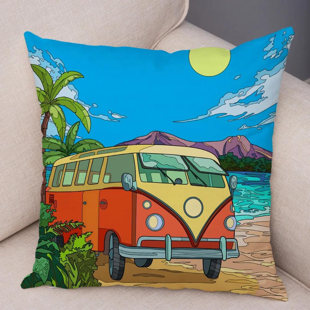 Pillowcase Happy Camper Cartoon House Travel Car Cushion Cover Sofa Home Super Soft