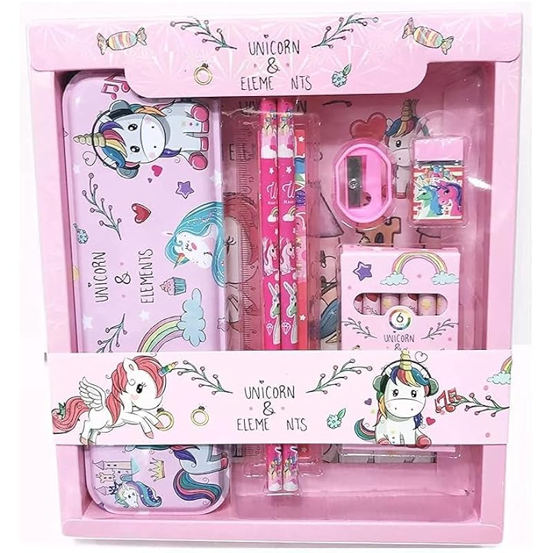 Eclet Unicorn Stationery Kit Set For Girls 12 Pcs Pencil, Eraser, Sharpener, Color Set Geometry Box (Pink)