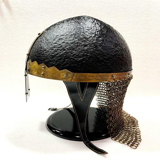 Medieval Norman Viking Antique Black Amour Iron and Brass Chainmail Wearable Helmet with Wooden Stand