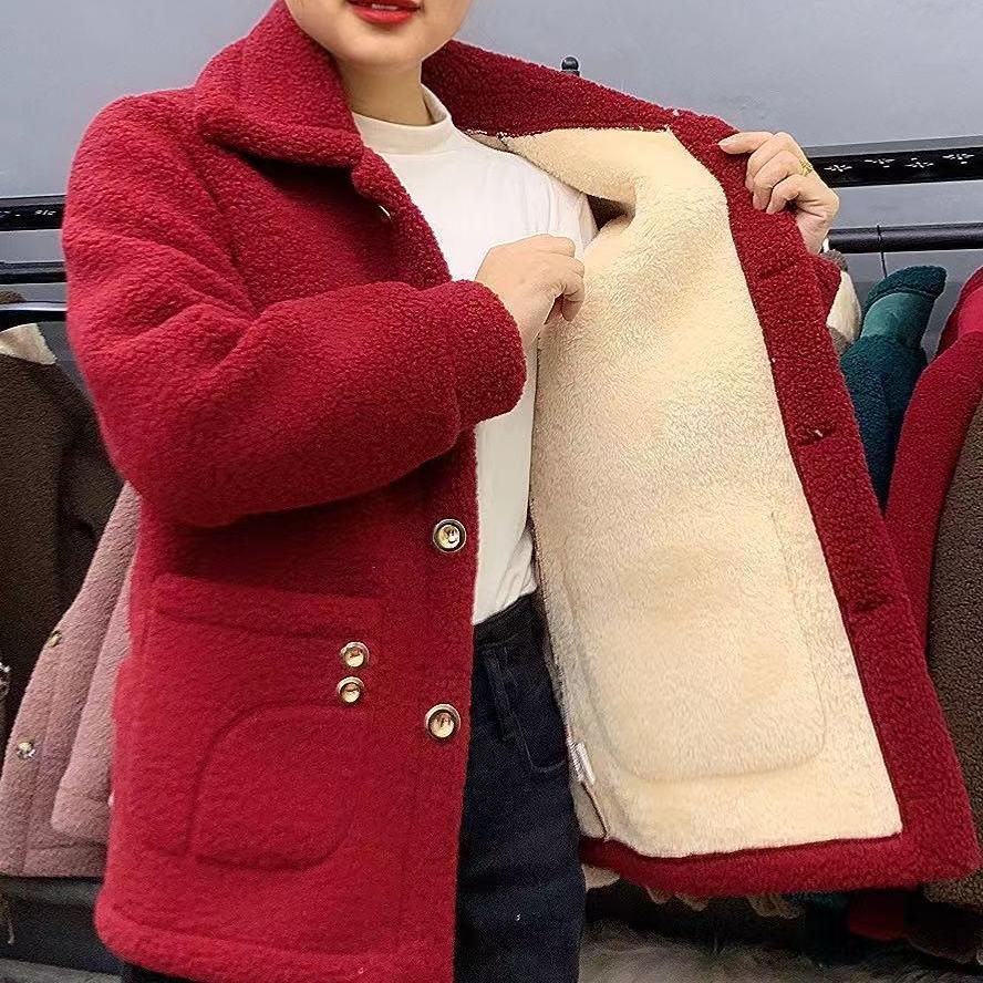 Women's Mid-Length Beige Faux Fur Lambswool Coat