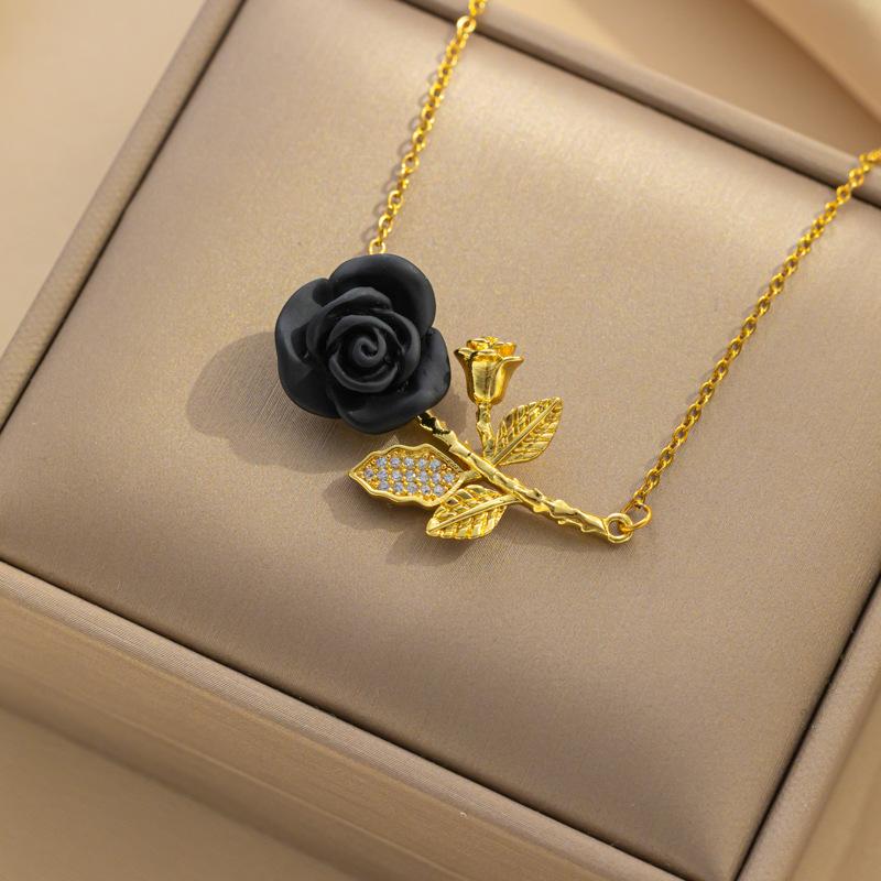 Romantic Red Rose Titanium Steel Necklace Female Temperament Zirconia Flower Pendant Collarbone Chain
