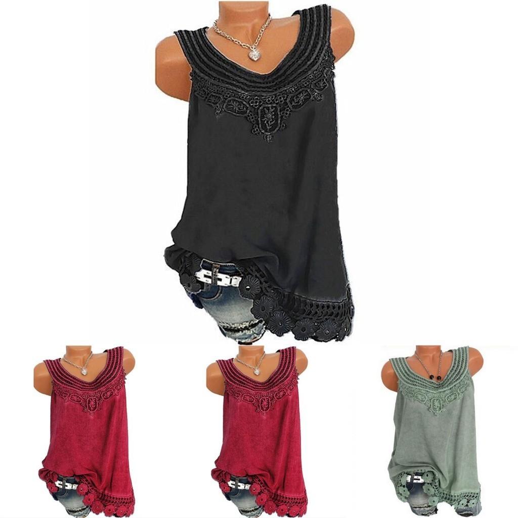 Women's Loose Sleeveless Vest T-shirt Blouse With Elegant Boho Lace Design In Plus Sizes