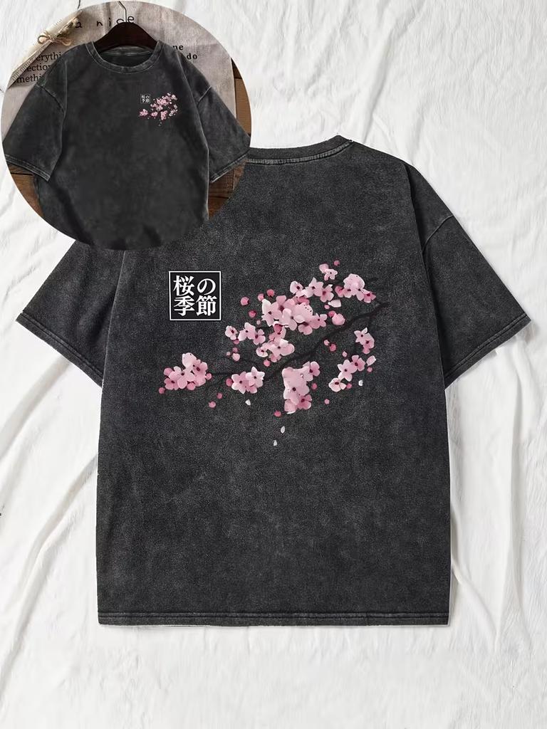 Vintage Sakura Print ShortSleeve TShirt Soft Round Neck Blouse Spring Summer Casual Wear Vintage Unisex Casual Tops Tee