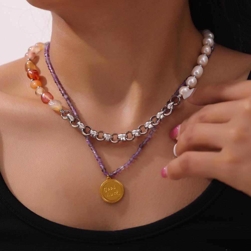 Elegant 18k Gold-Plated Titanium Necklace: Natural Stone, Pearl Beads & O-Chain