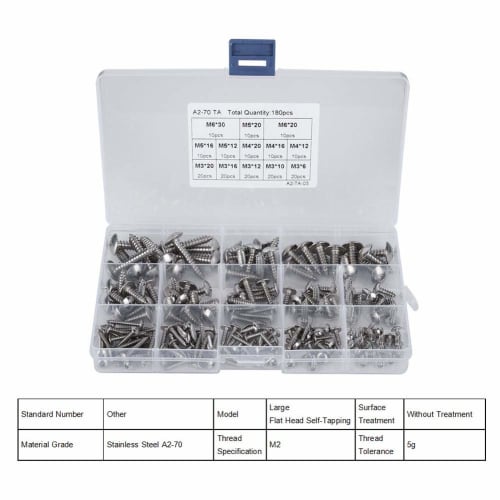 180-Piece Self-Tapping Screw Kit, M3 M4 M5 M6 High Hardness Stainless Steel Flat Head Self-Tapping Screws, Multi-Purpose Set