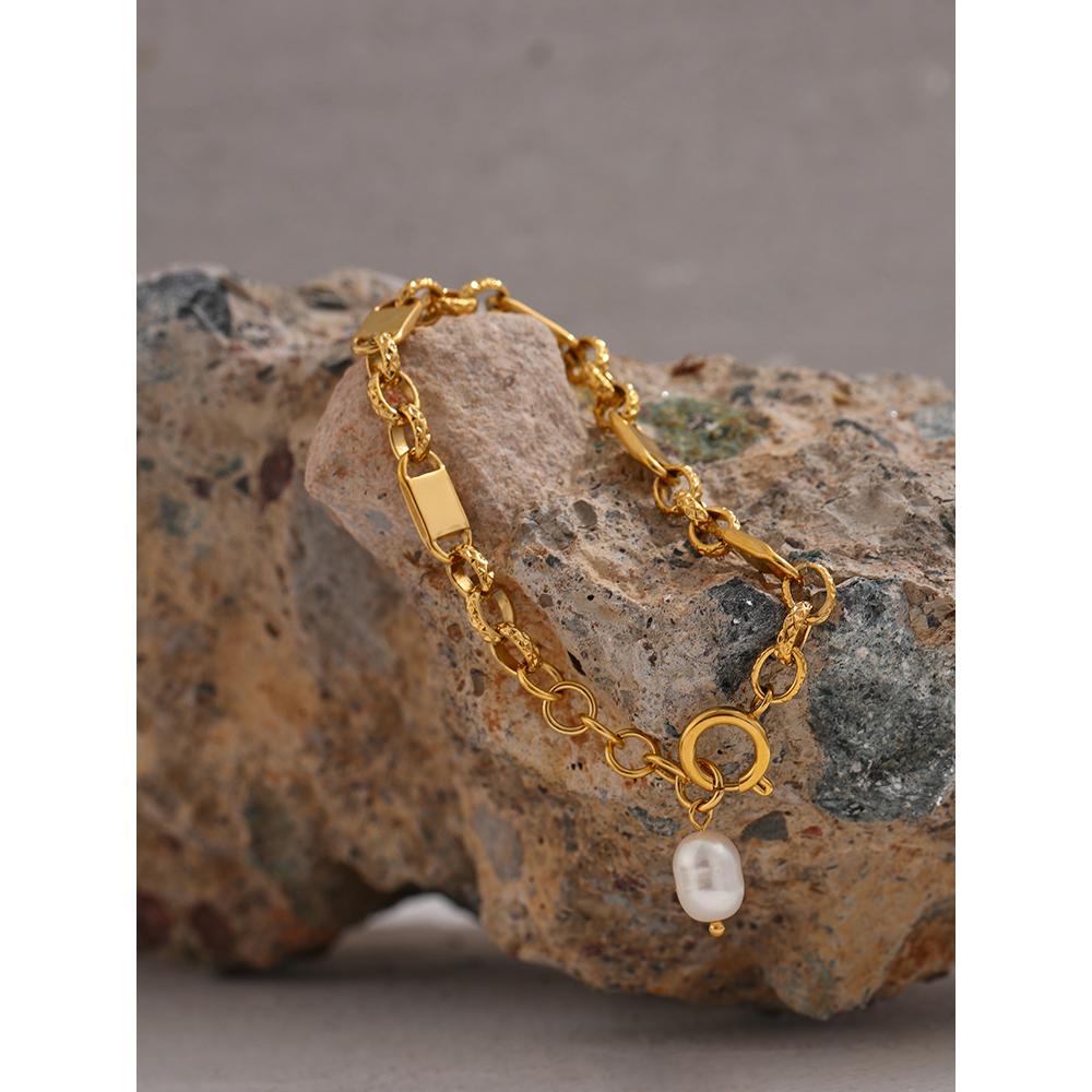 Yhpup Stainless Steel Jewelry Minimalist Chain Golden Bracelet Elegant Natural Pearl Metal Texture for Women Bijoux Femme Gift