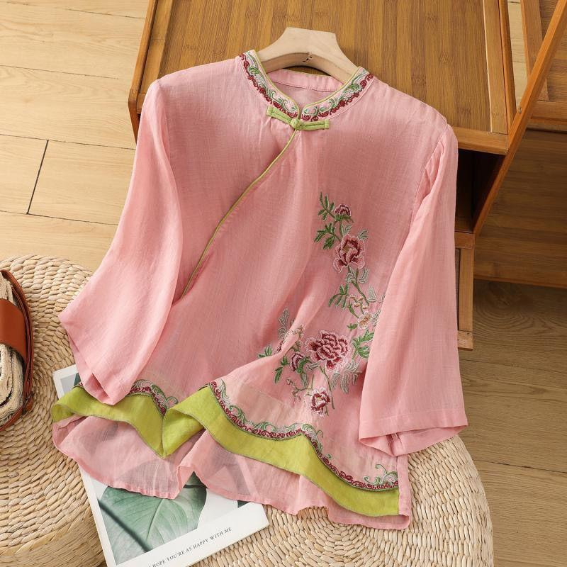 Chinese-style Slanted Collar Cheongsam Shirt Top with Ummer Cotton Linen Retro Style Embroidered with Touch of Literary Flair