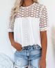 2023 Krajkové prošívání Dámská Bílá halenka Volný Elegantní Ležérní Vyhloubená Jednoduchá košile Krátký rukáv Léto O Neck Ladies Tops 28438
