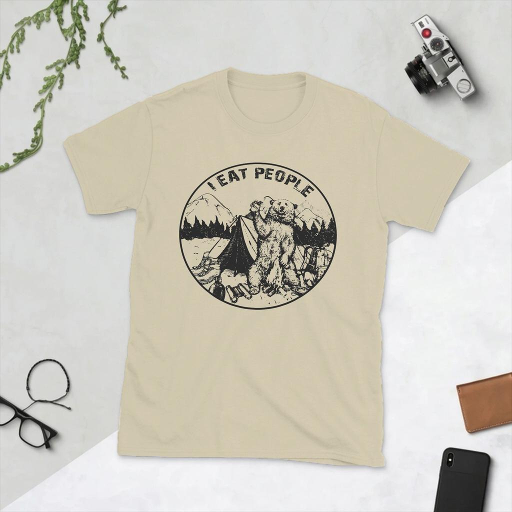 Novelty I Hate People I Eat People Bear TShirt Unisex O Neck Pure Cotton T Shirts Camping Hiking Short Sleeve Tees Printed Clothes