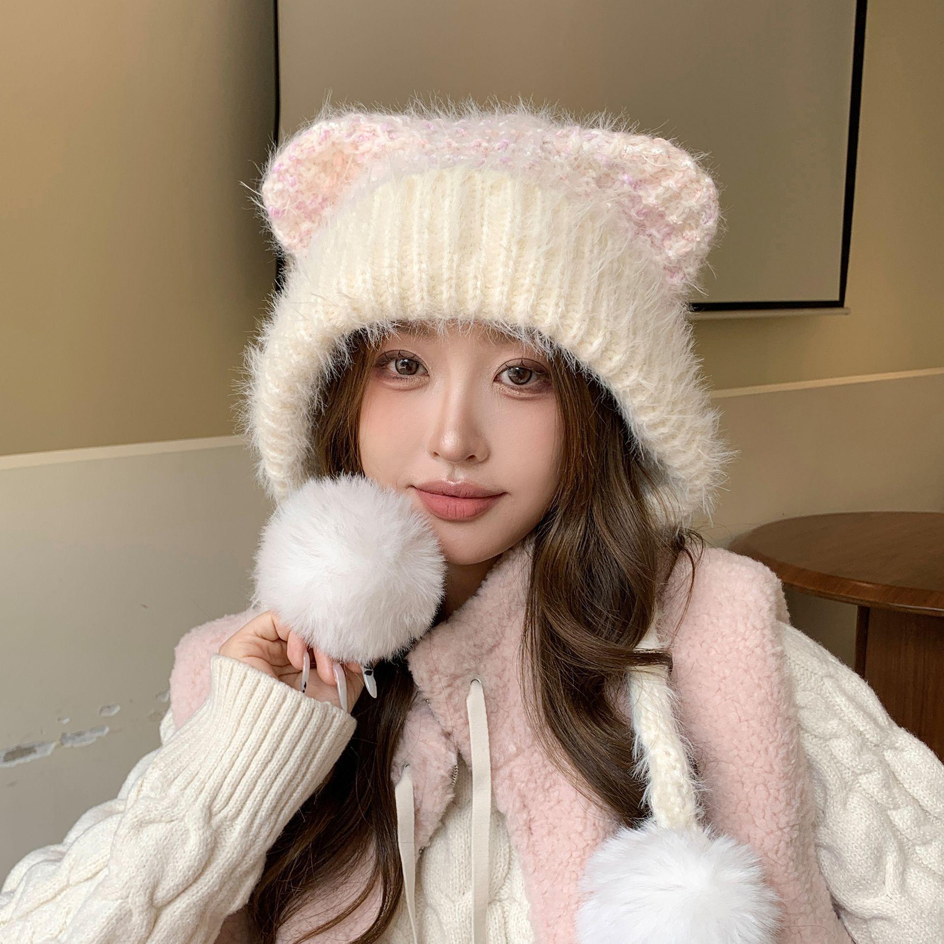 

New Arrival Japanese Cute Women s Hat Autumn Winter Beanie, Plush Ear Warm Knitted Hat One Size білий
