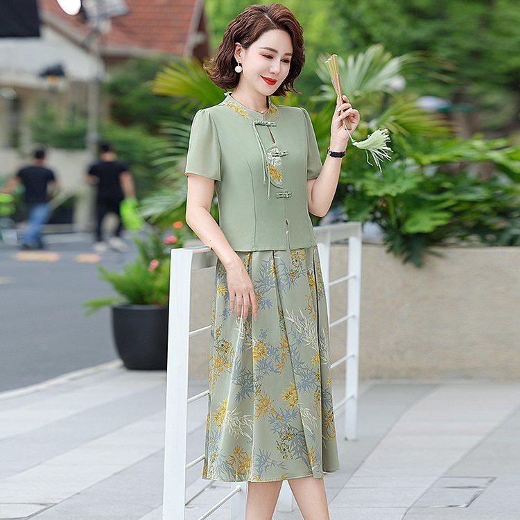 Elegant Summer Dress for Women 2026: Short Sleeve, Slimming Printed Skirt for Middle-Aged and Elderly Moms