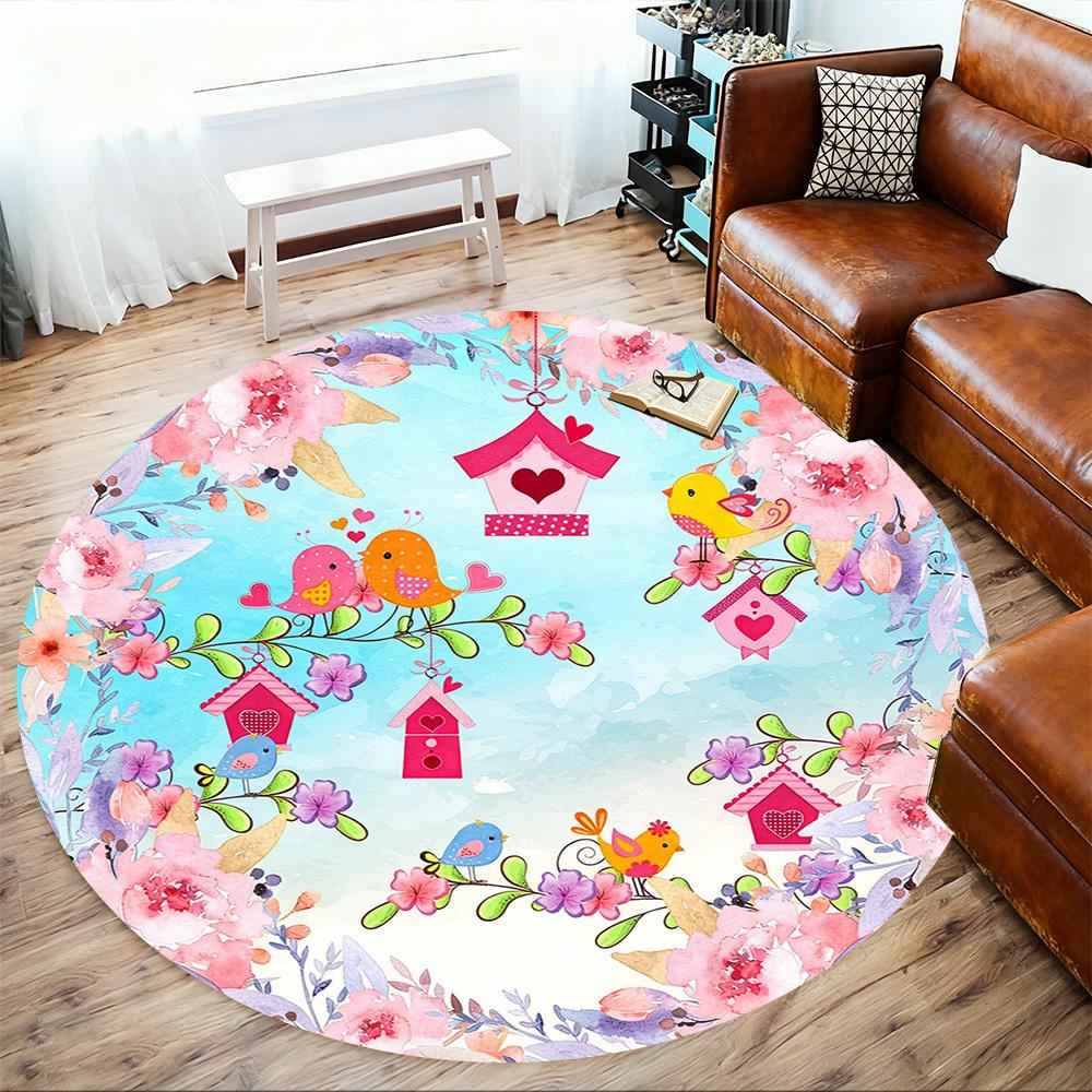 1pc Birds Flowers Round Chair mat office Area Rug - Non-Slip, Floor Mat for Office, Bedroom, and Indoor Decor p127220