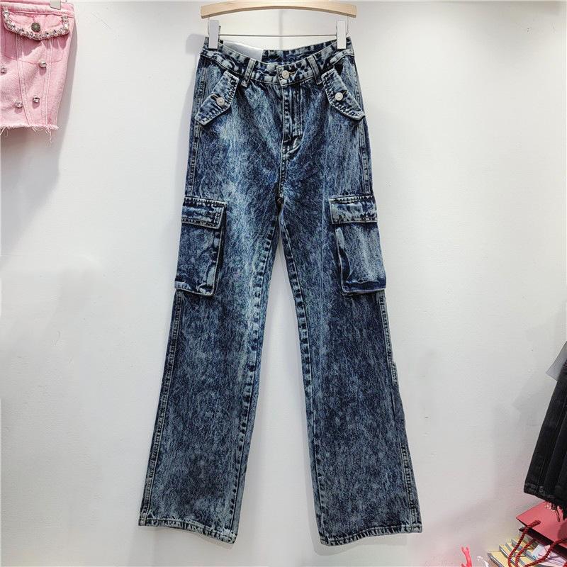 Autumn new hip hop street American retro high street multi-pocket overalls women s loose denim floor pants S