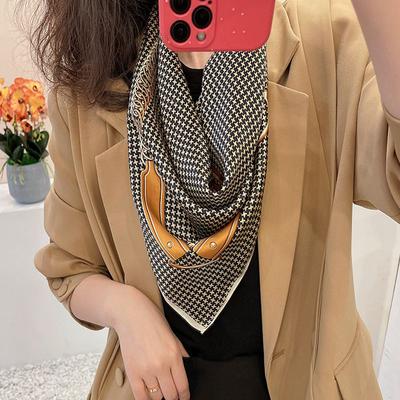 Decorative Thousand Bird Grid Small Square Scarf Women'S Scarf Elegant Mulberry Silk Scarf Versatile