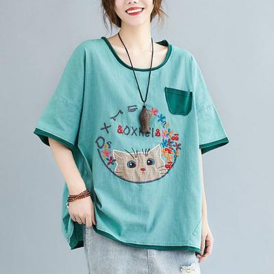 90% Cotton T Shirts Women Art Vintage Fashion Design T-shirt Casual Loose Embroidery Short Sleeve Oversized Tops Summer Tshirt