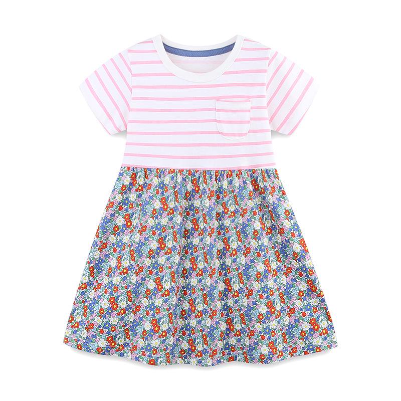 European Style Striped Floral Girls  Cotton Princess Dress - Short Sleeve 3Y(100cm)