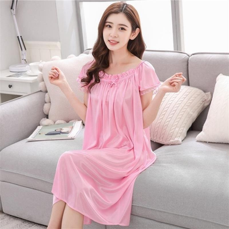 Long Nightdress Short Sleeve Loose Sleepswear New Hot Sexy Summer Womens Solid Color Sleepshirt Home Clothing Lace Ice Silk